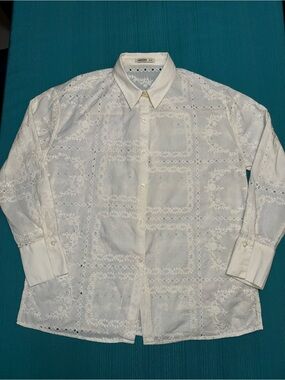 Hering Women’s M Ivory Embroidered Eyelet 100% Cotton Button Down Blouse